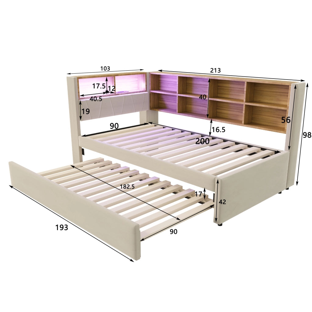 Divano letto multifunzionale con LED, prese e ampio spazio contenitivo