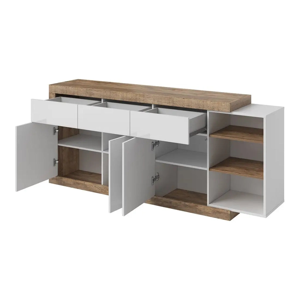 Buffet 200cm color quercia e bianco lucido con numerosi vani di stoccaggio collezione SINATRA.