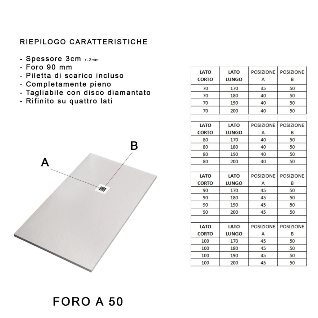 Piatto doccia in marmo resina grigio chiaro pietra cemento plus, misura 90x190