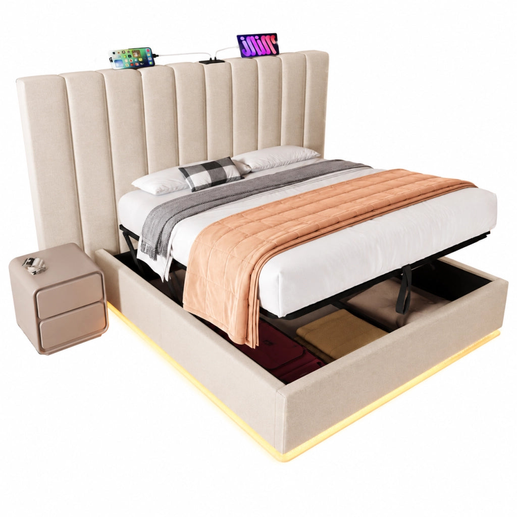 Letti contenitori 160x200 cm; LED 360° e ricarica USB-C; lino; beige (Senza materasso)