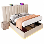 Letti contenitori 160x200 cm; LED 360° e ricarica USB-C; lino; beige (Senza materasso)