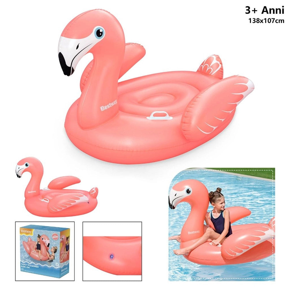 Trade Shop - Cavalcabile Gonfiabile Gioco Da Piscina A Forma Di Fenicottero 138x107cm 2 Maniglie 41525 -
