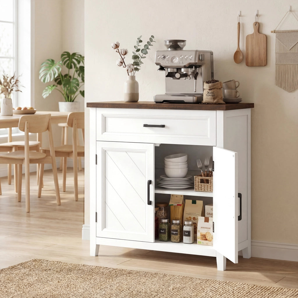 Credenza Moderna Stile Rustico 76x35x80 cm con 2 Ante in MDF Bianco
