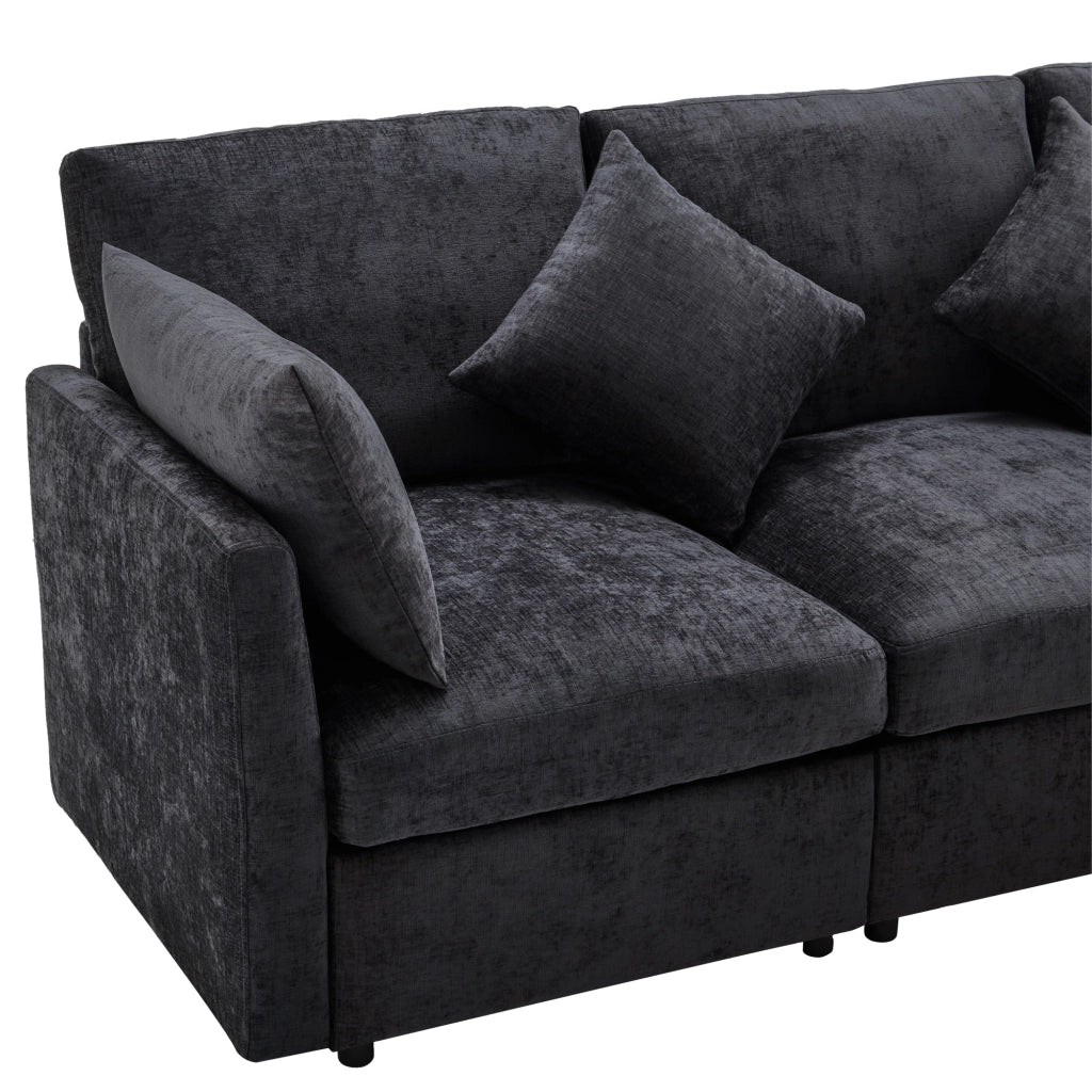 Divano modulare angolare a L con pouf mobile e 4 cuscini in ciniglia, grigio
