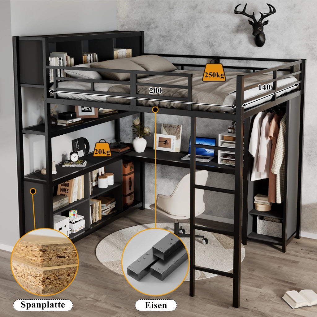 OKWISH Letto a Soppalco 140×200 cm, Letto Matrimoniale con Scrivania, Doppio Spazio Contenitore, Armadio e Vano Contenitore, senza Materasso, Nero