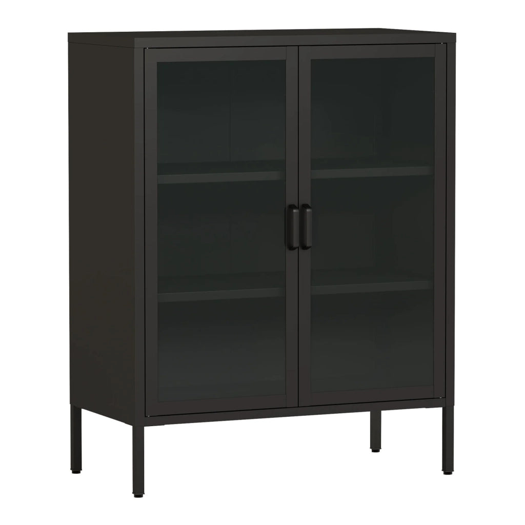 Credenza in metallo con ante in vetro acciaio e vetro temperato 102 x 80 x 40 cm nero 03_0006608