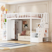 Letto a soppalco 90x200 cm bianco con armadio, scaffali e scala contenitore