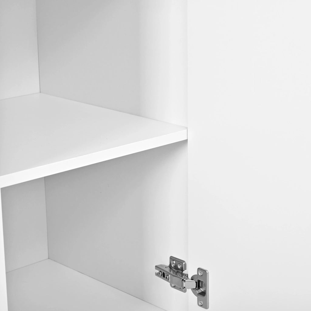 Credenza, mobile da ingresso, design aerodinamico, in truciolato e MDF, gambe in metallo, bianco