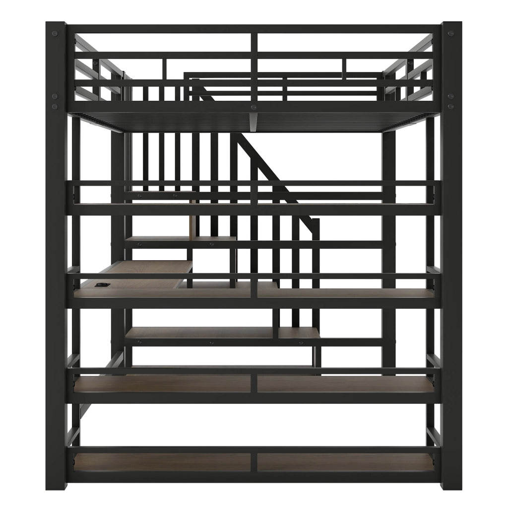 Letto a soppalco 140x200 cm in metallo con scrivania integrata; scaffali; LED e stazione di ricarica; nero