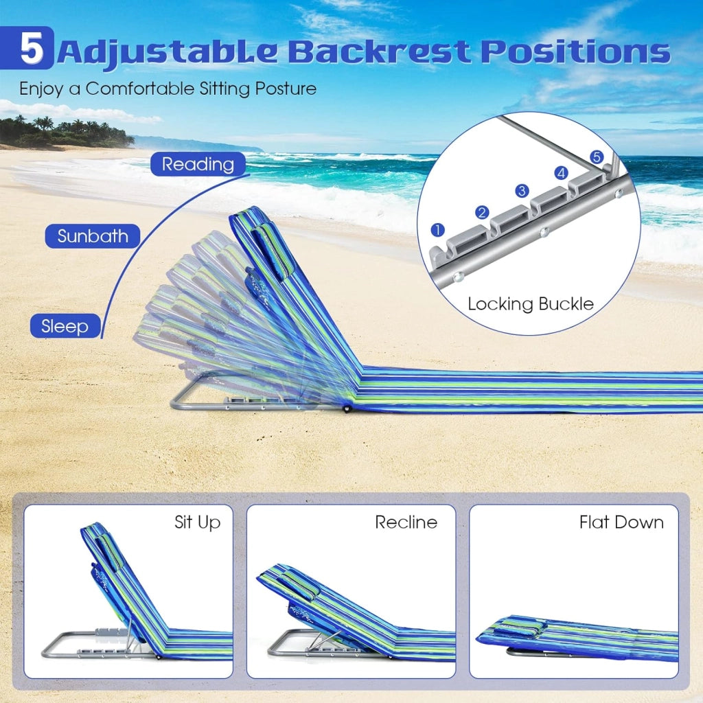 Set di 2 Materassi da Spiaggia Pieghevoli e Tavolino, Sedie a Sdraio da Spiaggia Regolabili in 5 Posizioni con Poggiatesta Rimovibile, Tasca per Giardino, Campeggio (Blu+Verde)