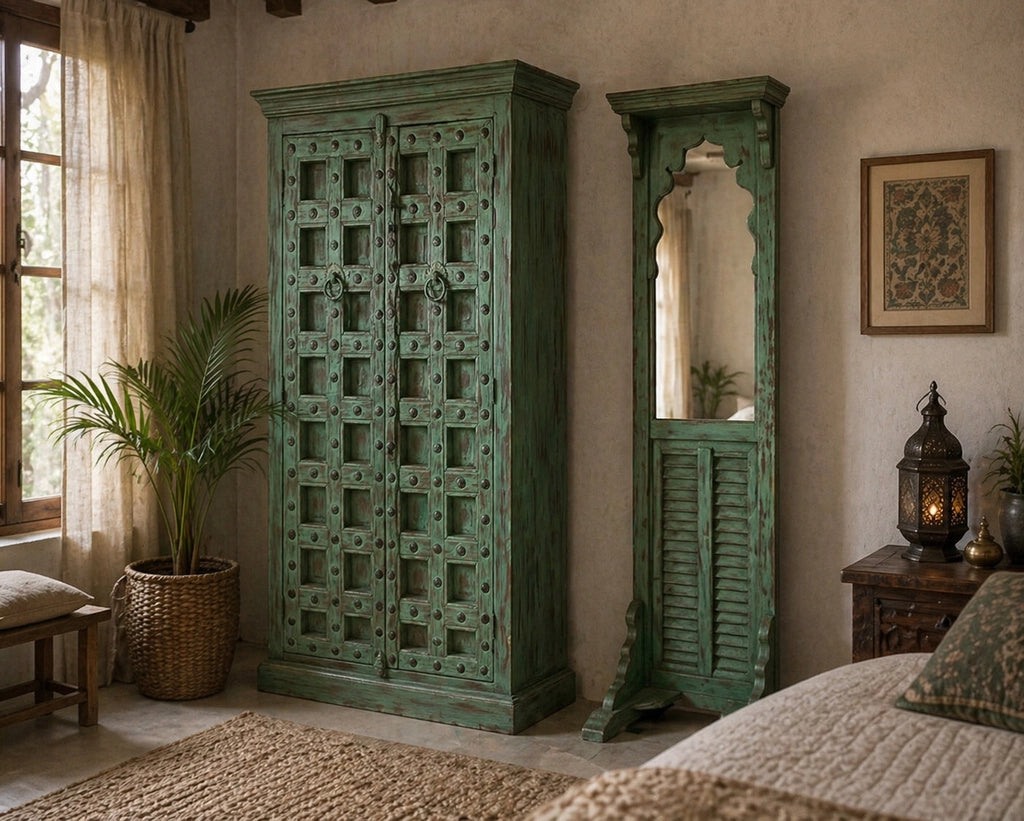 Armadio in legno con finitura artigianale marrone, 120x46x170h cm