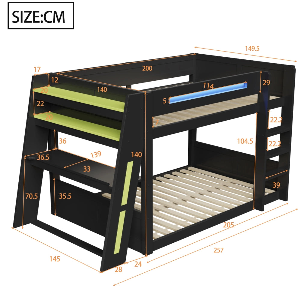 Letto a castello gaming 140x200 cm con scrivania; LED e USB in legno MDF e pino; nero
