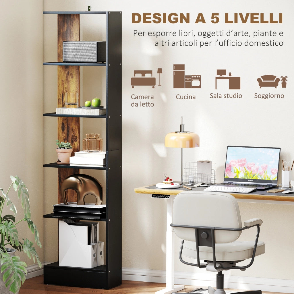 Libreria Moderna Salvaspazio 5 Ripiani in Legno ¨C zephmum ¨C Marrone e Nero 45x21x170 cm