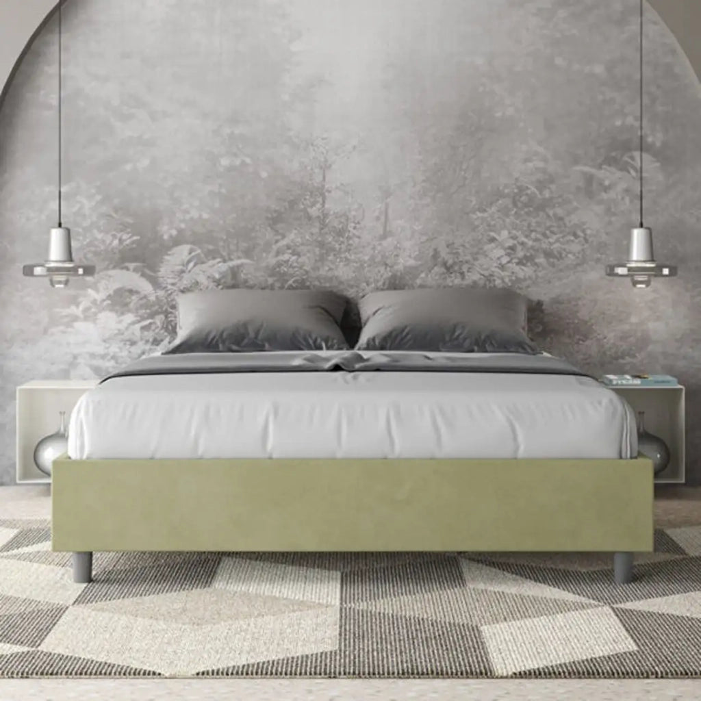 Letto matrimoniale con rete imbottito 160x210 microfibra tè verde Azelia