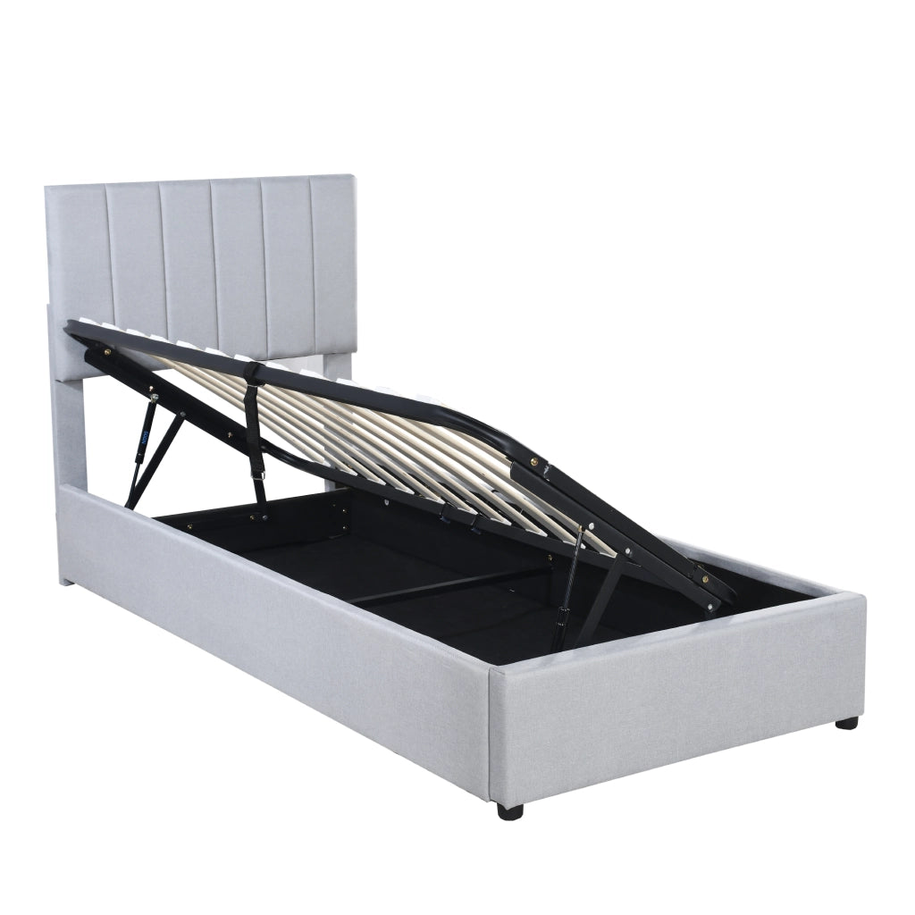 Letto per bambini imbottito con contenitore idraulico e testiera regolabile; lino grigio; 90x200 cm; senza materasso