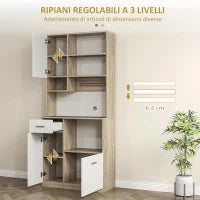 Mobile Dispensa in Legno con Cassetto, 3 Armadietti e 4 Ripiani Aperti, 80x35x180 cm, Bianco