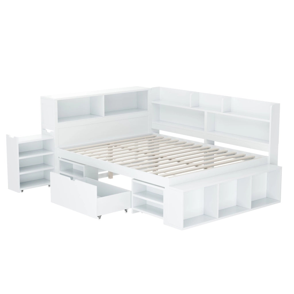 Letto singolo per bambini 140x190 cm con cassetti e vani portaoggetti; in compensato bianco