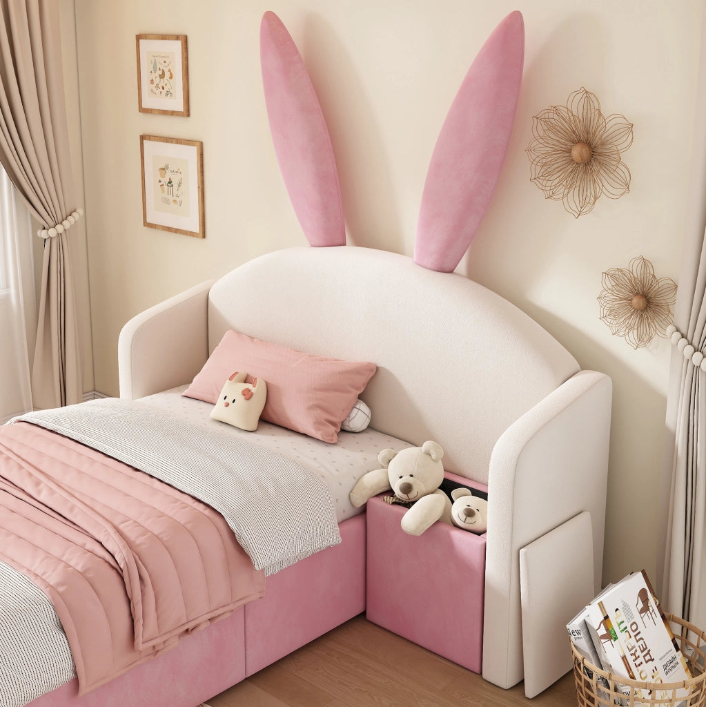 Letto singolo 90x200 cm in velluto con testiera imbottita; contenitore idraulico e comodino; beige e rosa