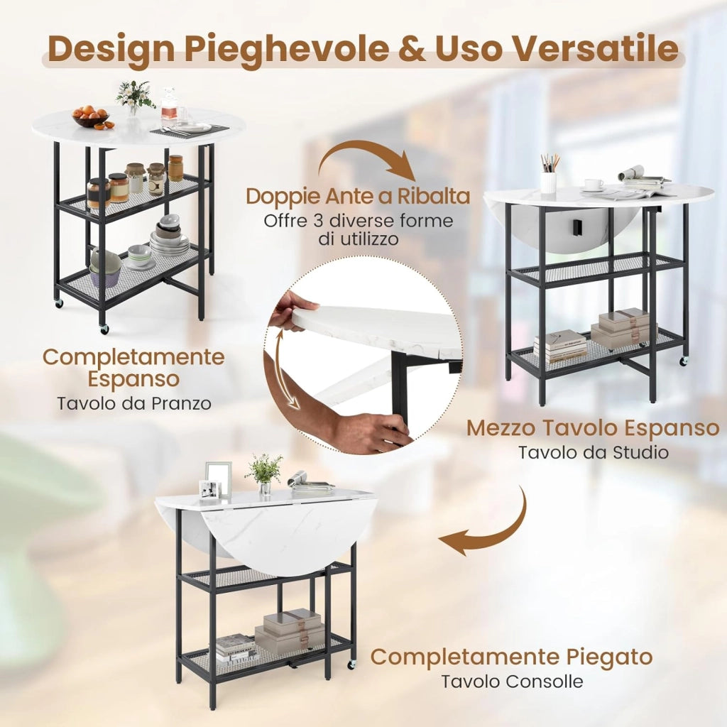 Tavolo Pieghevole Salvaspazio 100 x 100 x 80 cm, Tavolo da Pranzo Estensibile per 2-4 Persone con 2 Mensole di Stoccaggio e Ruote Bloccabili per Soggiorno, Appartamento e Ufficio (Bianco)