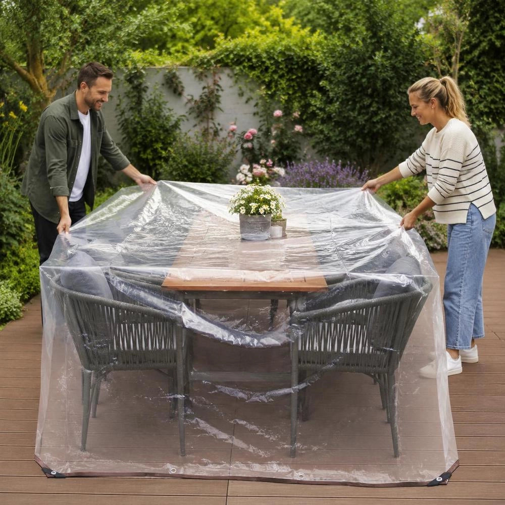 Telo trasparente in polietilene con occhielli rinforzati e bordi orlati, copertura con visibilità 70% per mobili da giardino, piscina, patio e balcone, telo robusto in plastica, 4x5 m, ideale per esterni