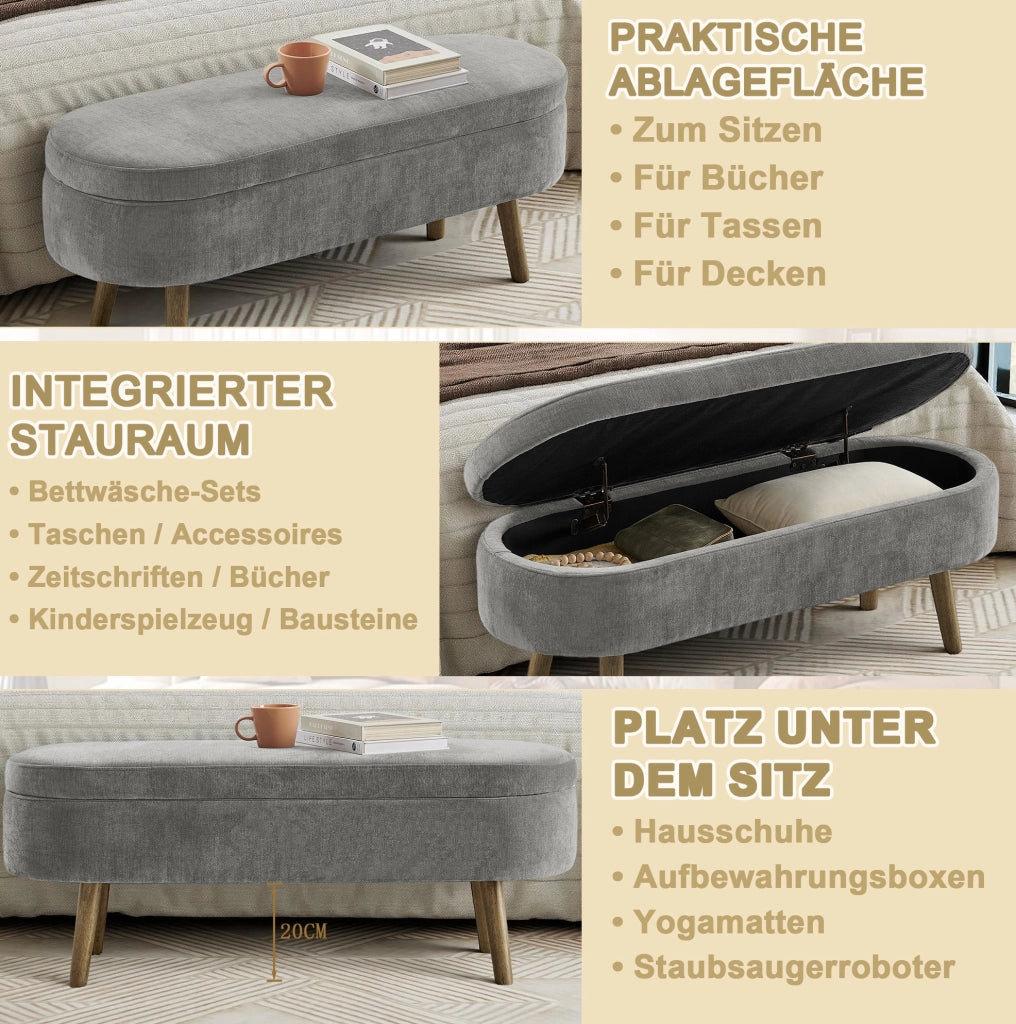 Panca contenitore in ciniglia grigio scuro 110x40x42 cm