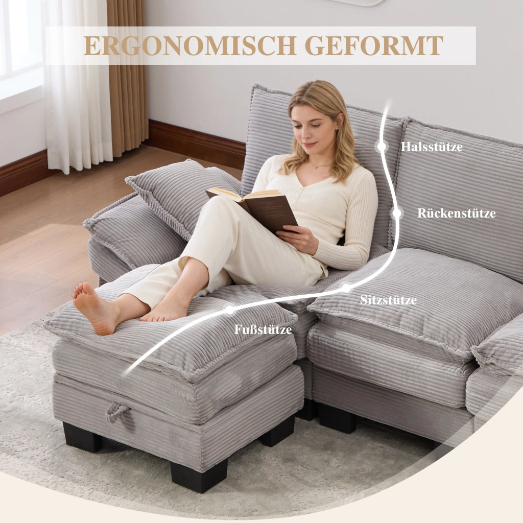 Divano modulare a 3 posti in tessuto a coste con ampia seduta, pouf, USB-C e tasche laterali, grigio chiaro