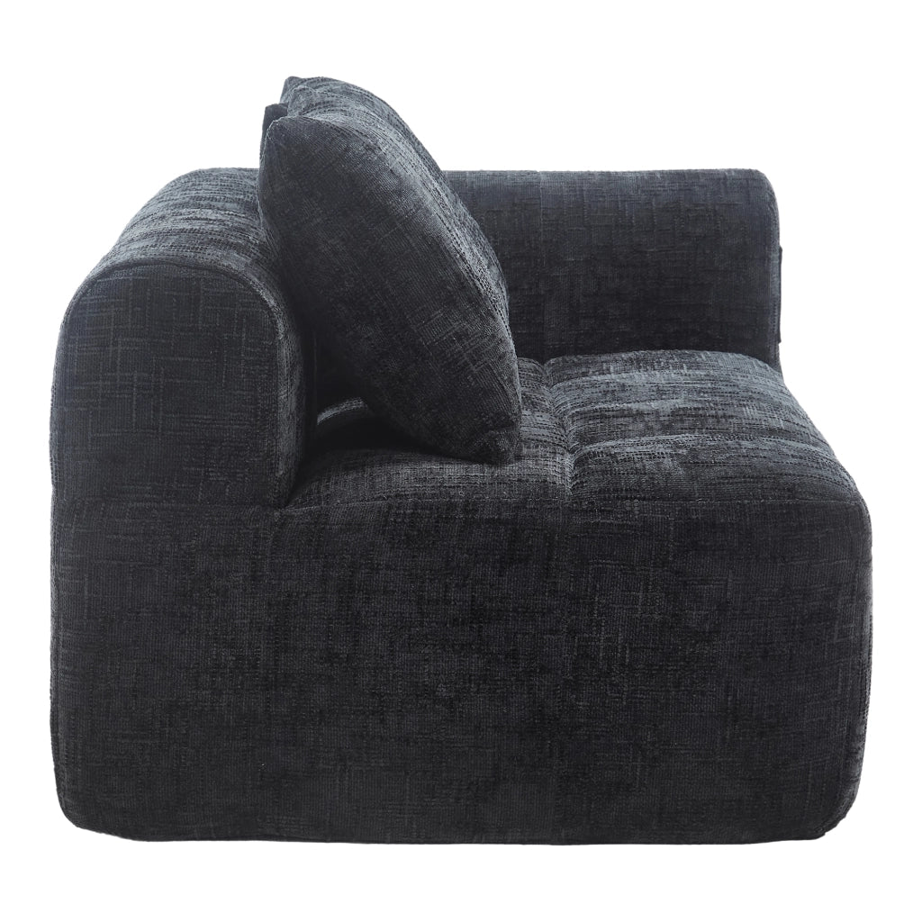 Divano chaise longue a 2 posti in chenille nero con tasche laterali e cuscino incluso, 158x90x60 cm