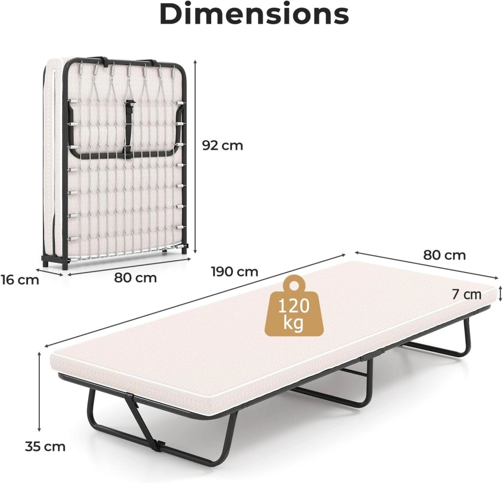 Letto pieghevole 80 x 190 cm, per adulti, pieghevole, letto da viaggio con materasso, letto singolo, pieghevole in metallo, portata fino a 120 kg, letto pieghevole con memory foam