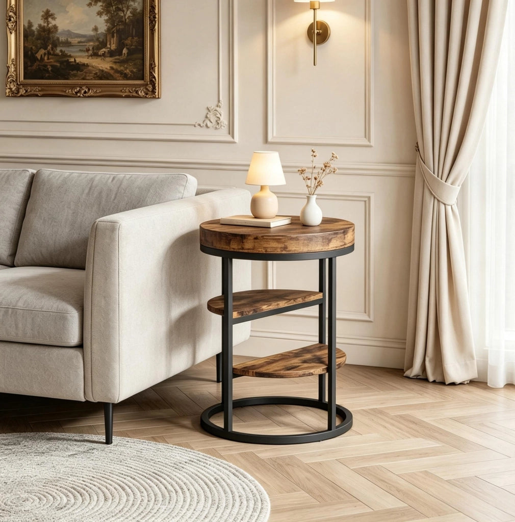Tavolino laterale rotondo Ø 50 cm in metallo e legno marrone rustico