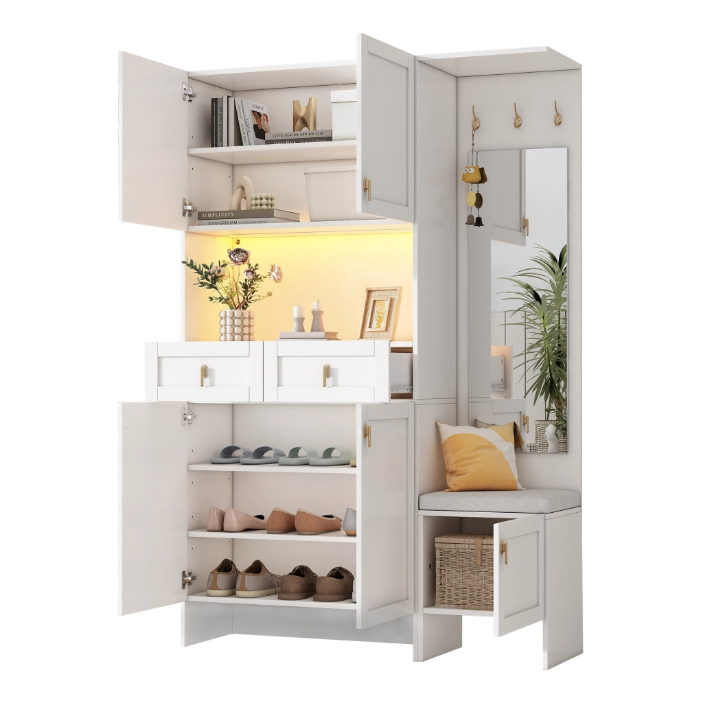 Set mobile ingresso con panca, scarpiera, appendiabiti e specchio bianco 120x33,5x180 cm con LED