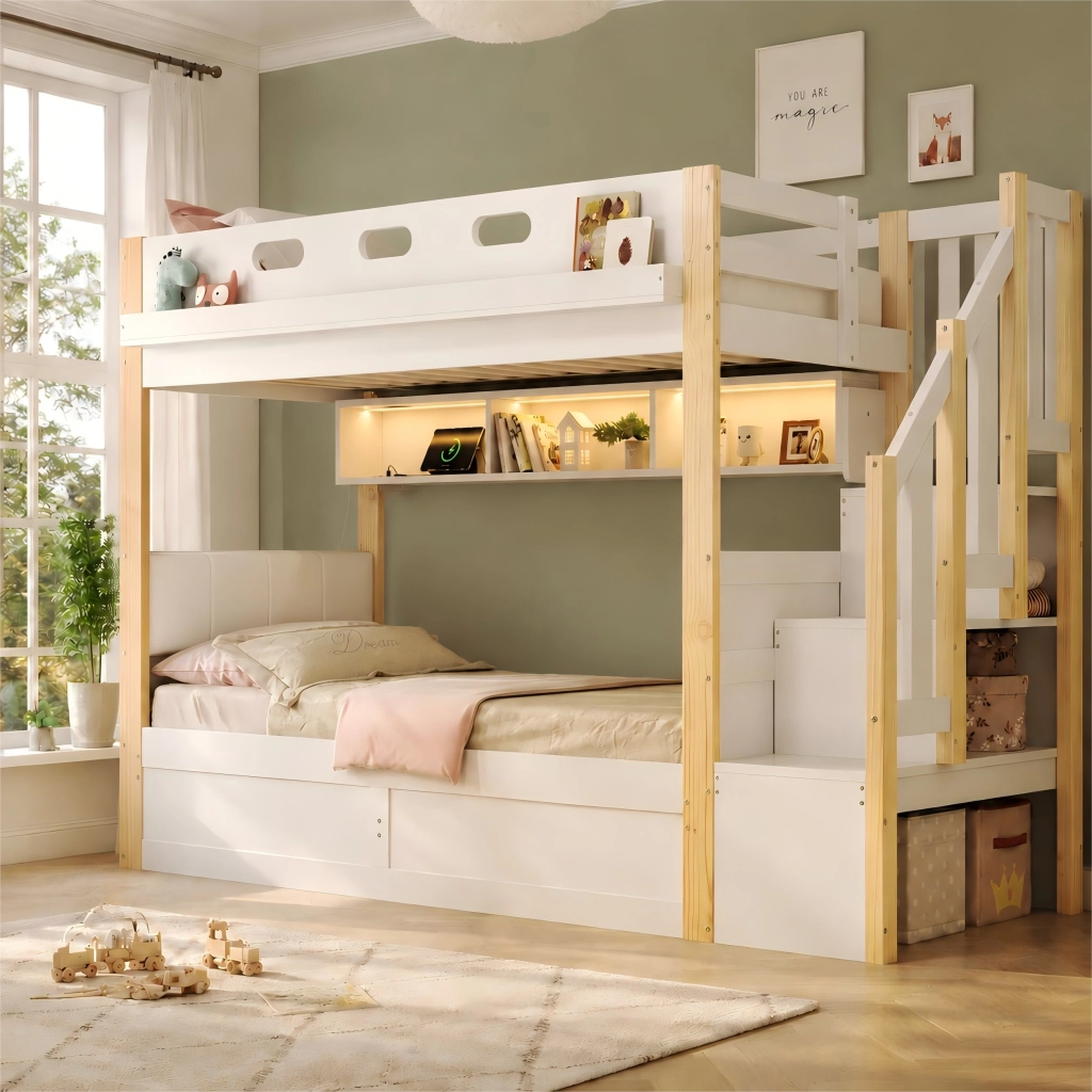 Letto a castello per bambini 90x200 + 90x200 cm con LED, USB, scala contenitore e letto inferiore con contenitore idraulico, bianco