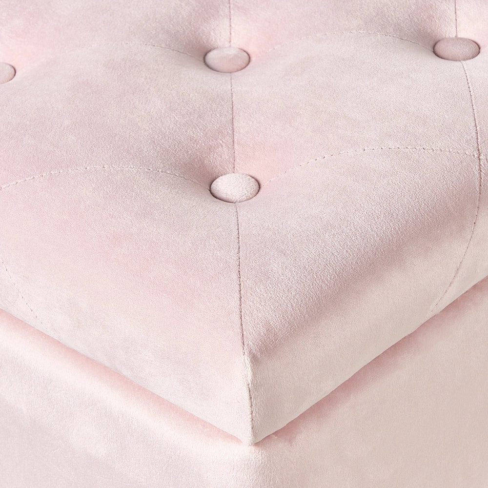 Pouf contenitore in velluto rosa pastello poggiapiedi classico con rivestimento a testa di chiodo trapuntato