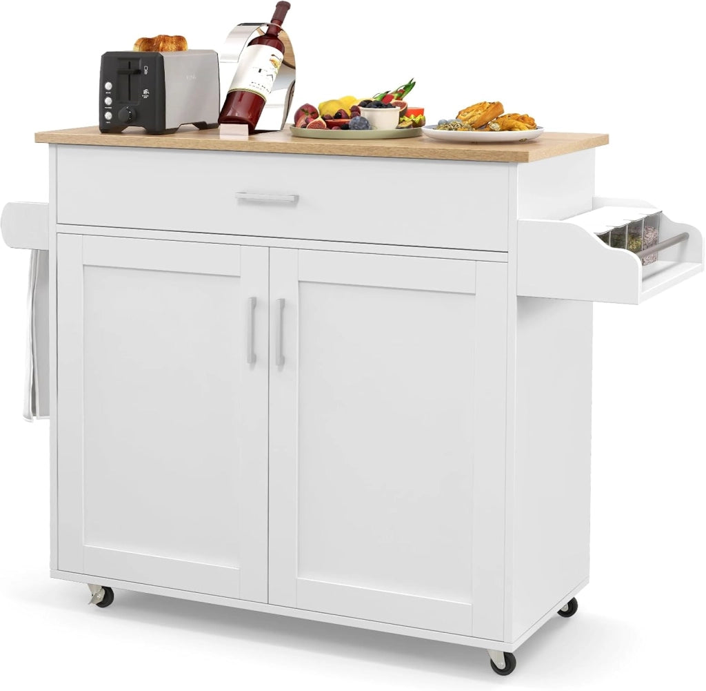Carrello da Cucina con Ruote di Gomma, Isola Cucina con Cassetto e Ripiano Regolabile, Mobile Credenza Salvaspazio Porta Microonde, Portaspezie, Portasciugamani, 116 x 40 x 85 cm (Bianco)