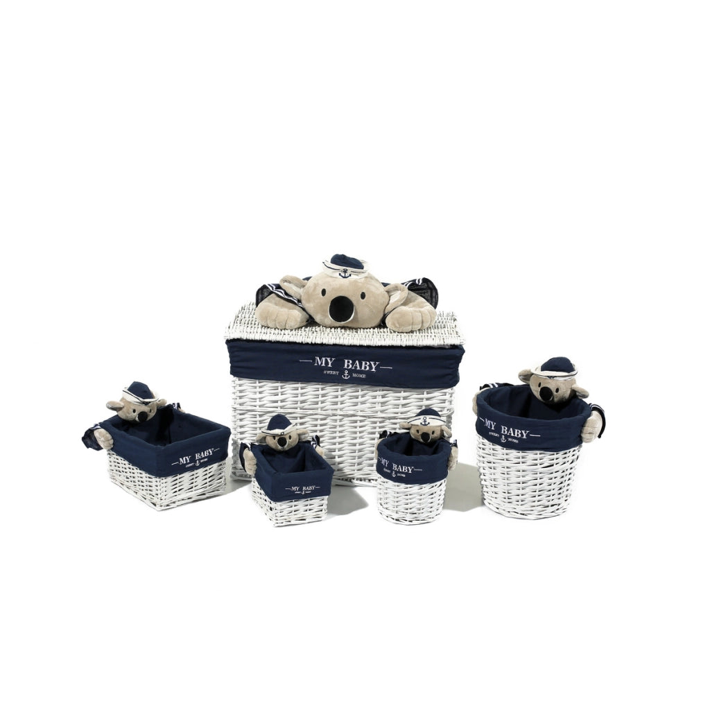 Set 5 cesti in vimini bianco Koala con baule, tema koala blu marino