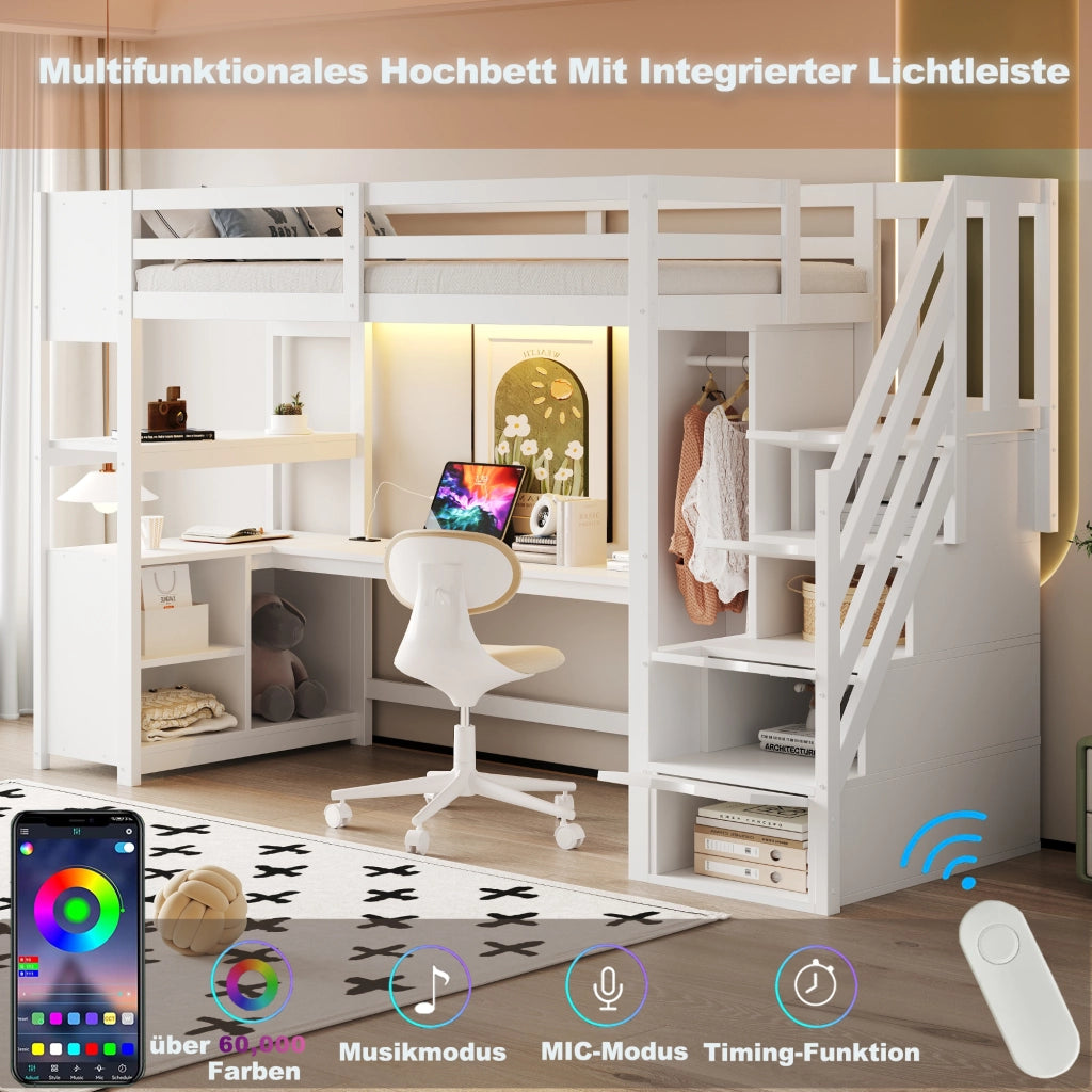 OKWISH Letto a soppalco 90×200 cm, Letto Singolo con Scrivania, Armadio, LED Multicolore, Prese e Mensole, senza Materasso, Bianco