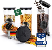 Set di 4 contenitori di conservazione in vetro di borosilicato con coperchi in legno di pino certificato FSC, cucchiaio in metallo, 24 etichette e penna bianca