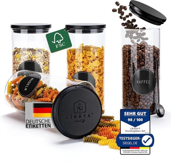 Set di 4 contenitori di conservazione in vetro di borosilicato con coperchi in legno di pino certificato FSC, cucchiaio in metallo, 24 etichette e penna bianca