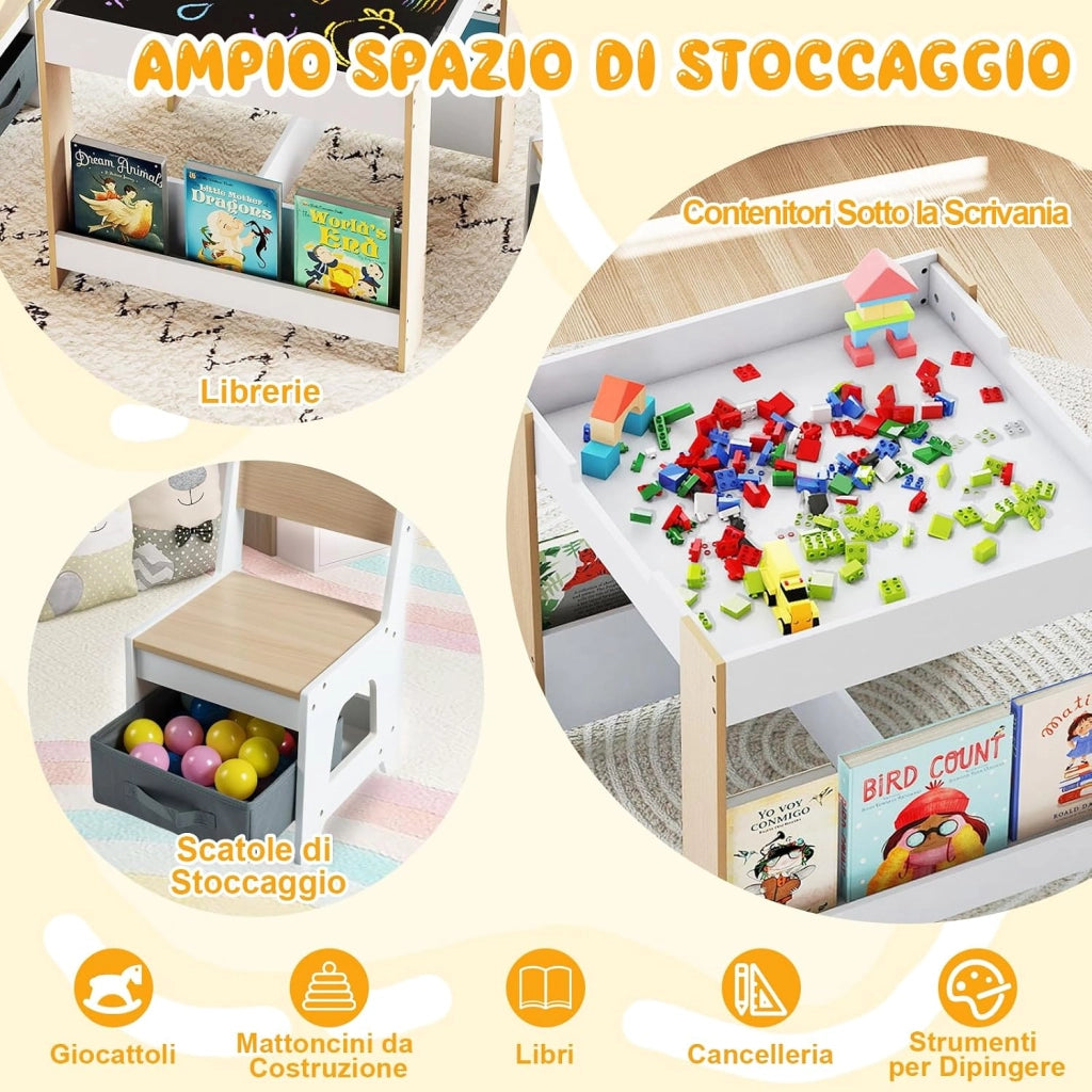 4 in 1 Set Tavolo e Sedie per Bambini 3+ Anni, Tavolo e Sedie con Piano Reversibile, Scaffali e Cassetti, Ideale per Disegno, Lettura e Studio (Naturale, Stile 3)