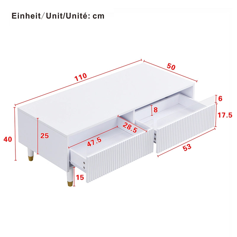 Tavolino da Salotto con 2 Cassetti e LED; Frontali Ondulati; per Soggiorno; in MDF; 110 × 50 × 40 cm; Bianco