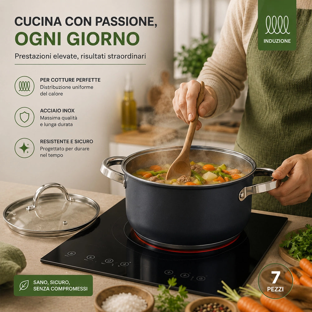 Batteria di Pentole Acciaio Grigio 7 Pezzi Pentole Adatte a Tutti Piani Cottura