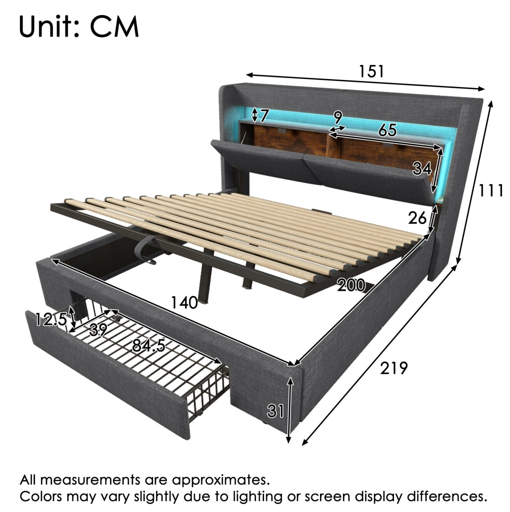 Letto imbottito 140x200 cm con materasso, LED, USB e vano