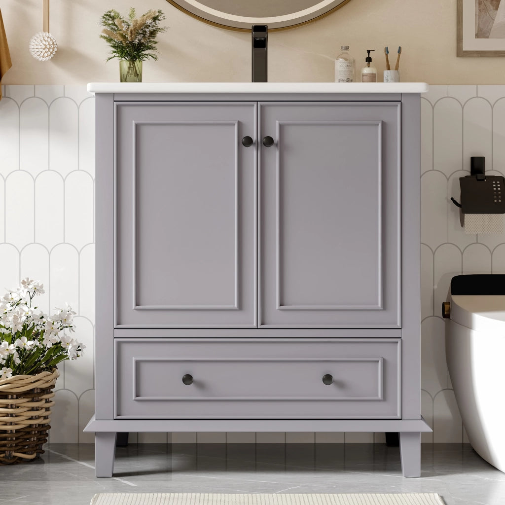 Mobile bagno freestanding 76x46x87 cm con lavabo in ceramica, 2 ante, 1 cassetto, struttura in MDF e gambe in legno massello, grigio