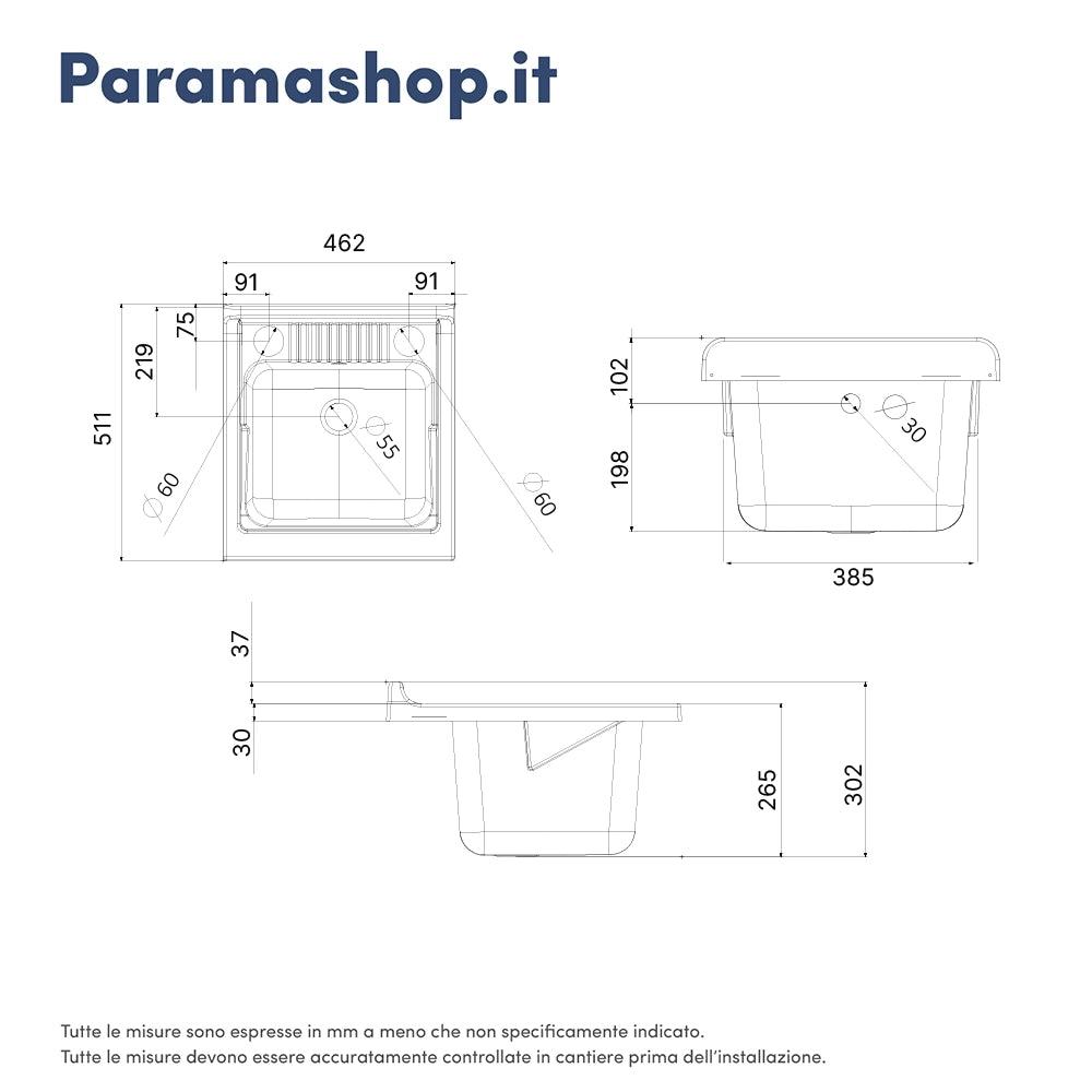 Mobile lavatoio per interni 45x50 cm bianco - vasca e asse in PP, sifone e troppopieno | Pratika