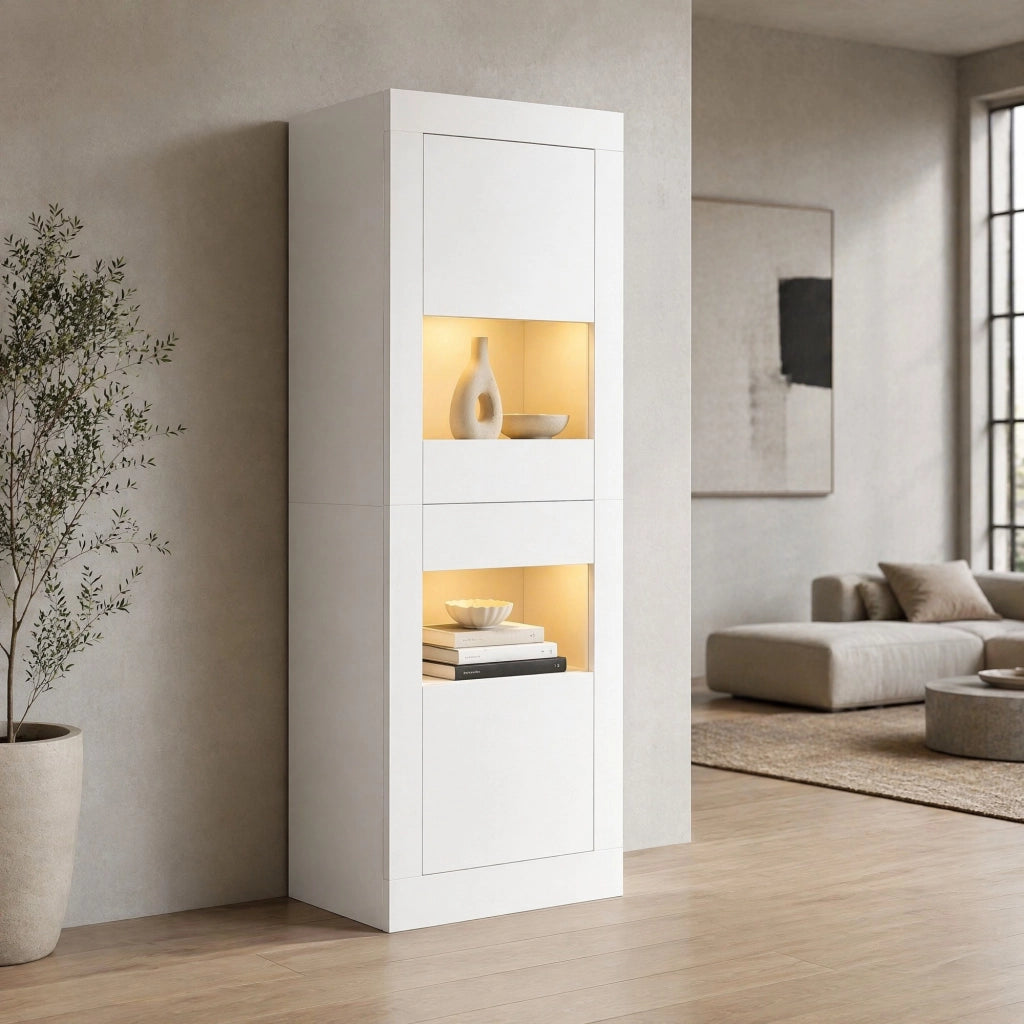Vetrina bianca con LED e ante in acrilico; 61 x 42 x 162 cm; in truciolare e vetro temperato