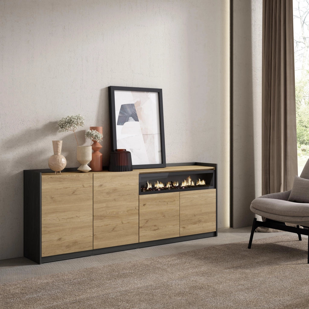 Credenza, Mobile, Cucina, 207x80x37 cm, 4 Porte, Camino elettrico, Rovere e nero