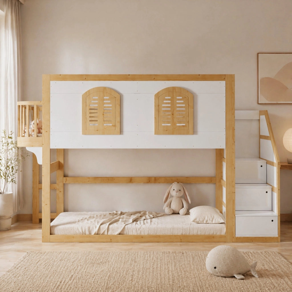 LETTO A CASTELLO 90x200 cm con scaletta contenitore, legno bianco/naturale