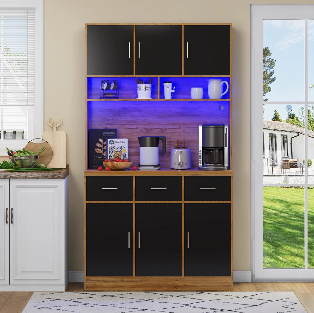 Credenza 100x40x180 cm con LED e controllo APP; prese USB; ripiani regolabili; naturale e nero
