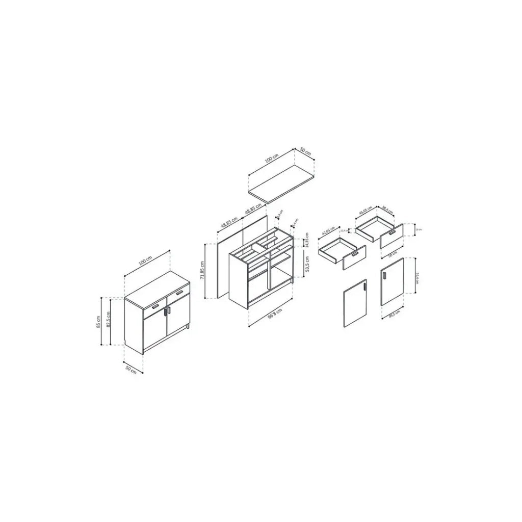 Mobile basso da cucina con 2 porte e 2 cassetti, collezione GOURMET, design bianco. Altezza 85cm.