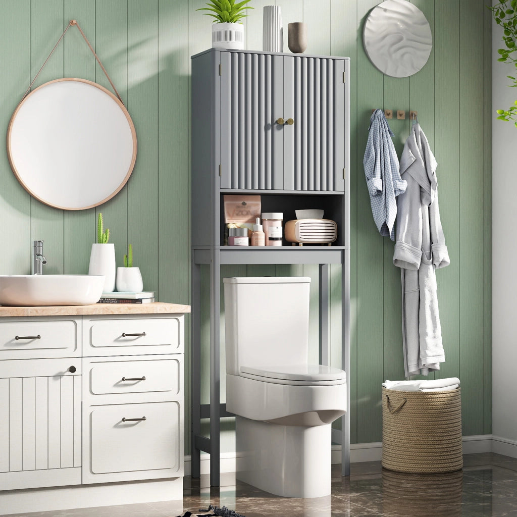 Mobile portaoggetti wc ante scanalate ripiano regolabile barra inferiore-Mobili da Bagno Organizer bagno alto indipendente salvaspazio Grigio