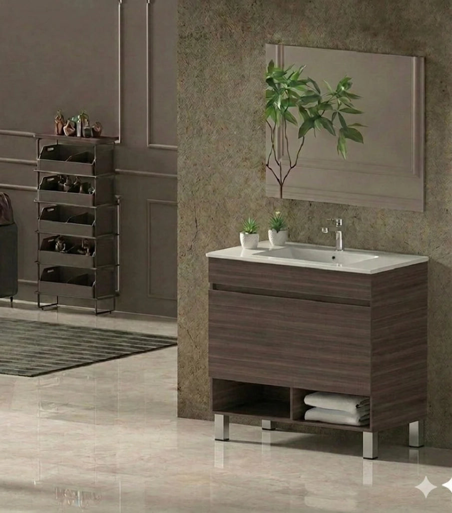 Mobile Bagno NEBARI com gambe Già Montato 1 cassetto, lavabo e specchio Frassino tea 100x40 cm